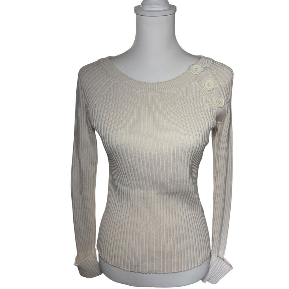 Ann Taylor Loft Cream Ribbed Knit Cotton Top Size Medium